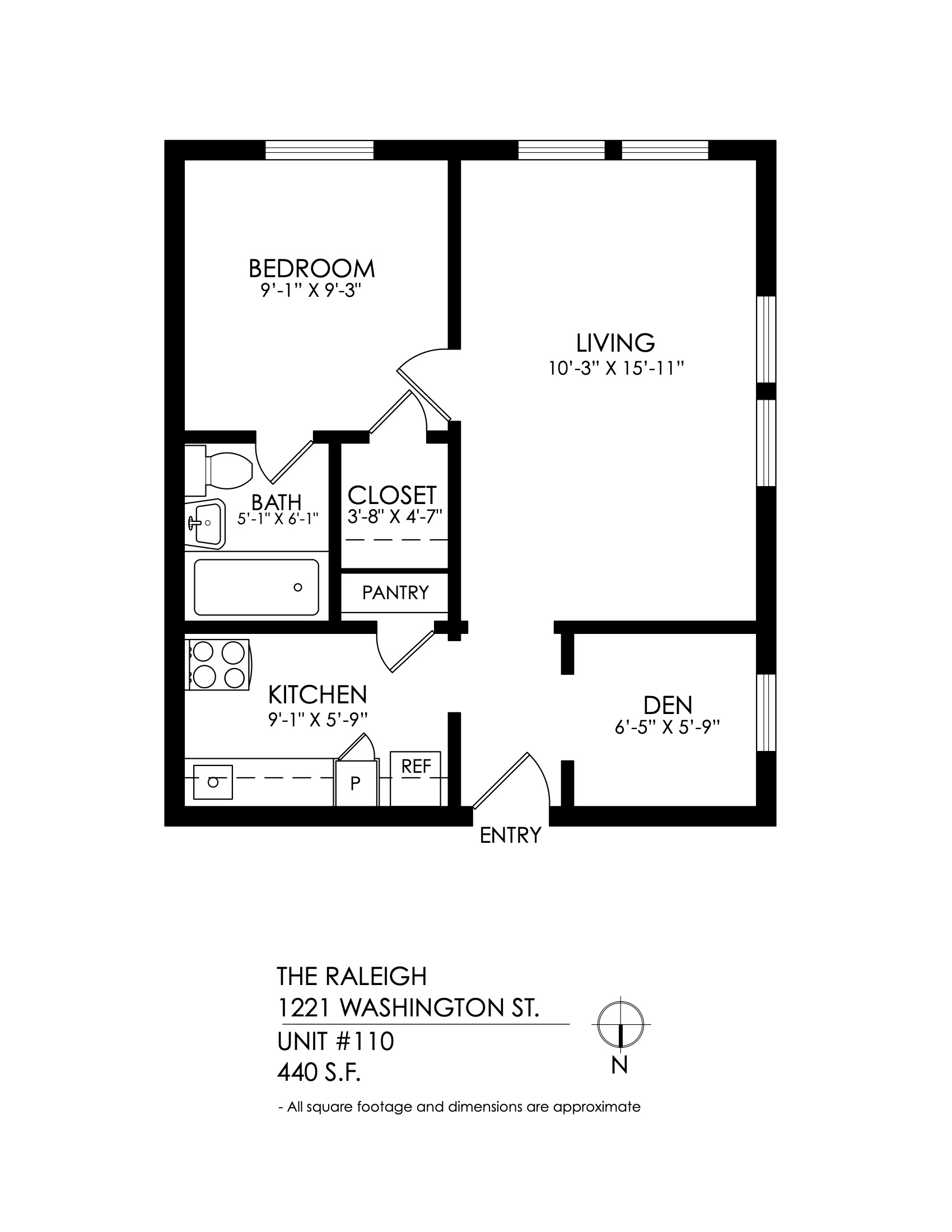 Floor plan for 1 bed, 1 bath, 460 sqft